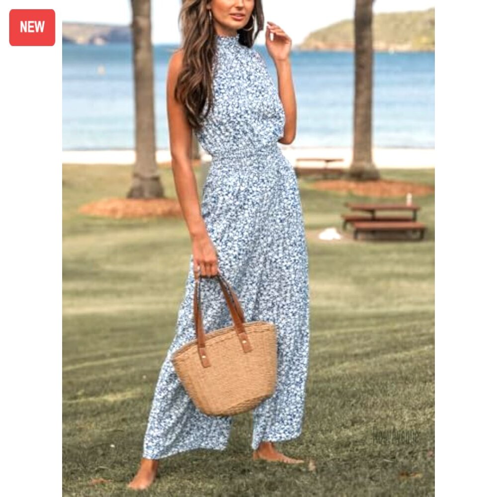 Floral Maxi Jumpsuit with Pocket Mock Neck Elastic Waist Wide Leg - Picture 6 of 7